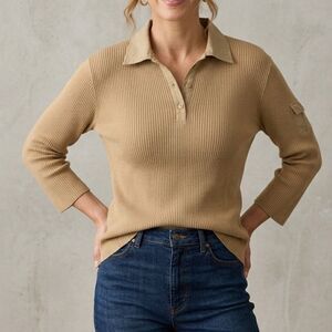 Y2K Lauren Ralph Lauren Ribbed Knit Polo Henley Tan Womens L Cargo Earthy Vtg
